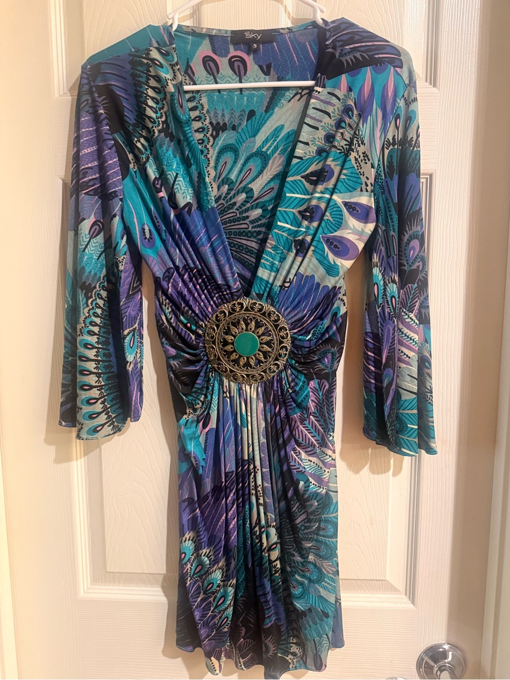 Sky Teal & Purple Long-Sleeve V-Neck Medallion Wrap Dress